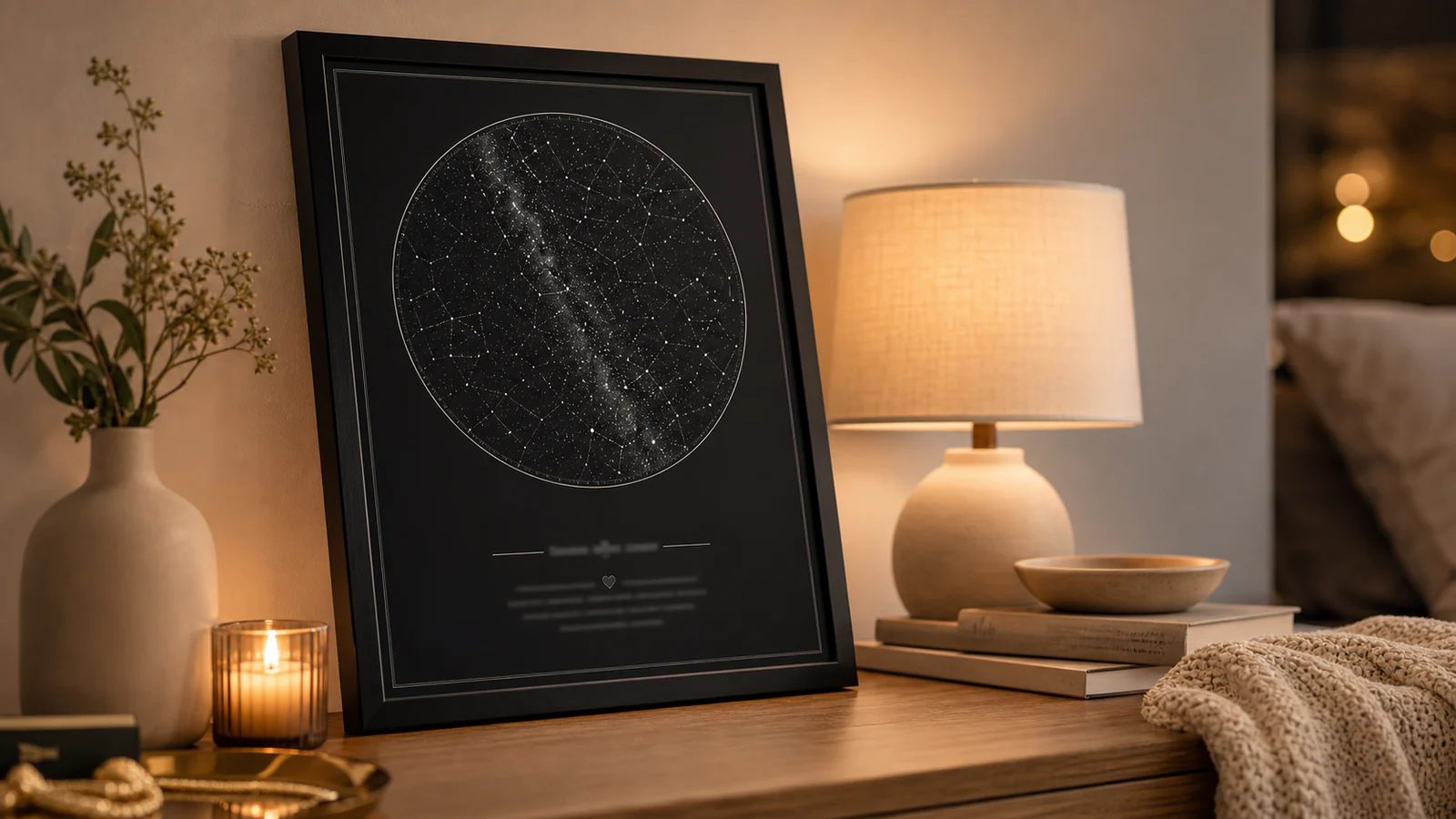 Star Map مؤطرة بجانب حاسوب وقهوة للتخطيط المبكر لهدايا الأعياد