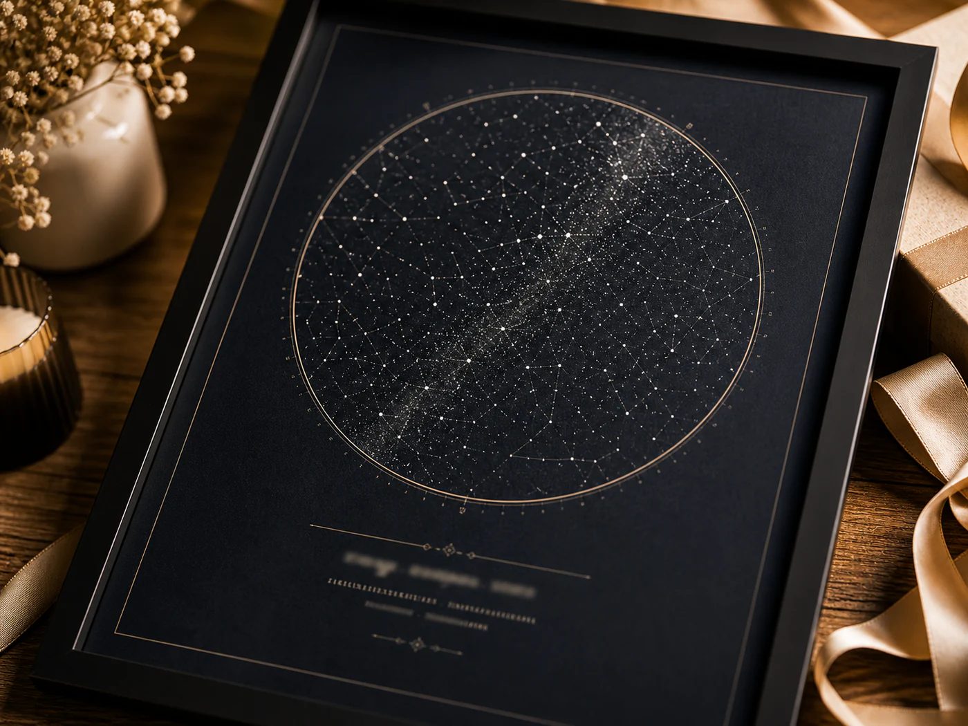 يدان تمسكان Star Map مخصصة بجانب علبة هدية وبطاقة مكتوبة بخط اليد