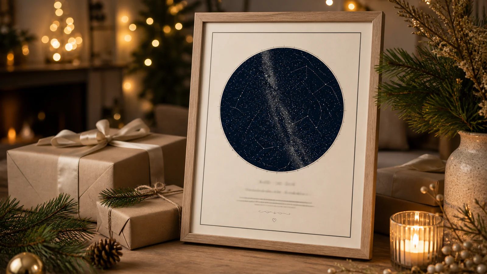 Star Map مؤطرة كهدية عيد ميلاد مع أضواء دافئة وأغصان صنوبر