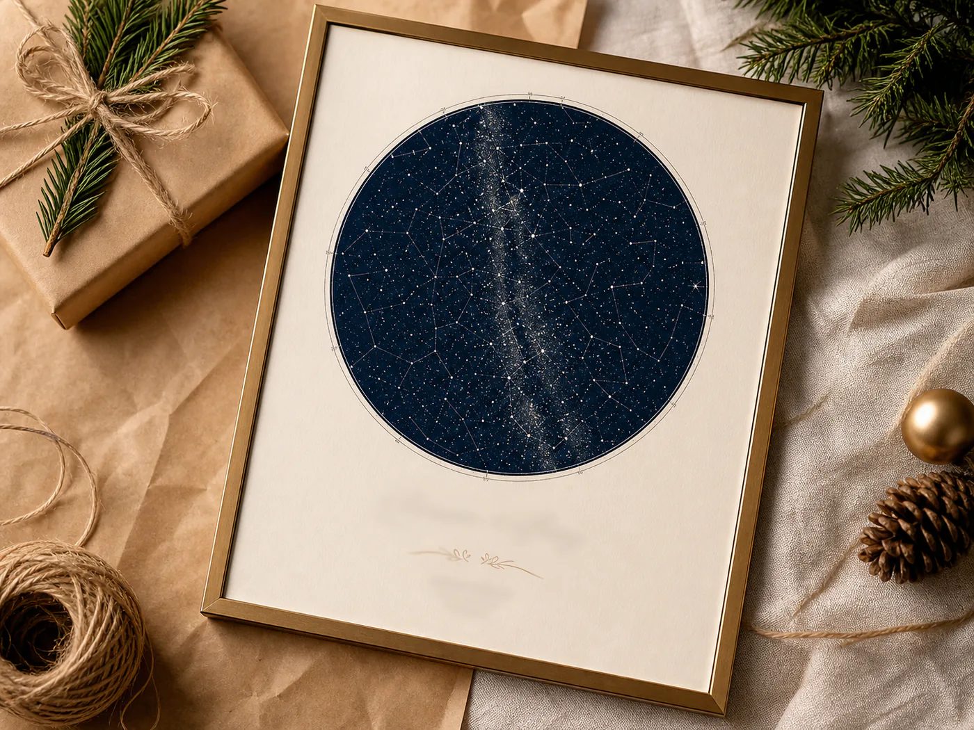 Hænder holder en personlig Star Map ved julegave og håndskrevet kort