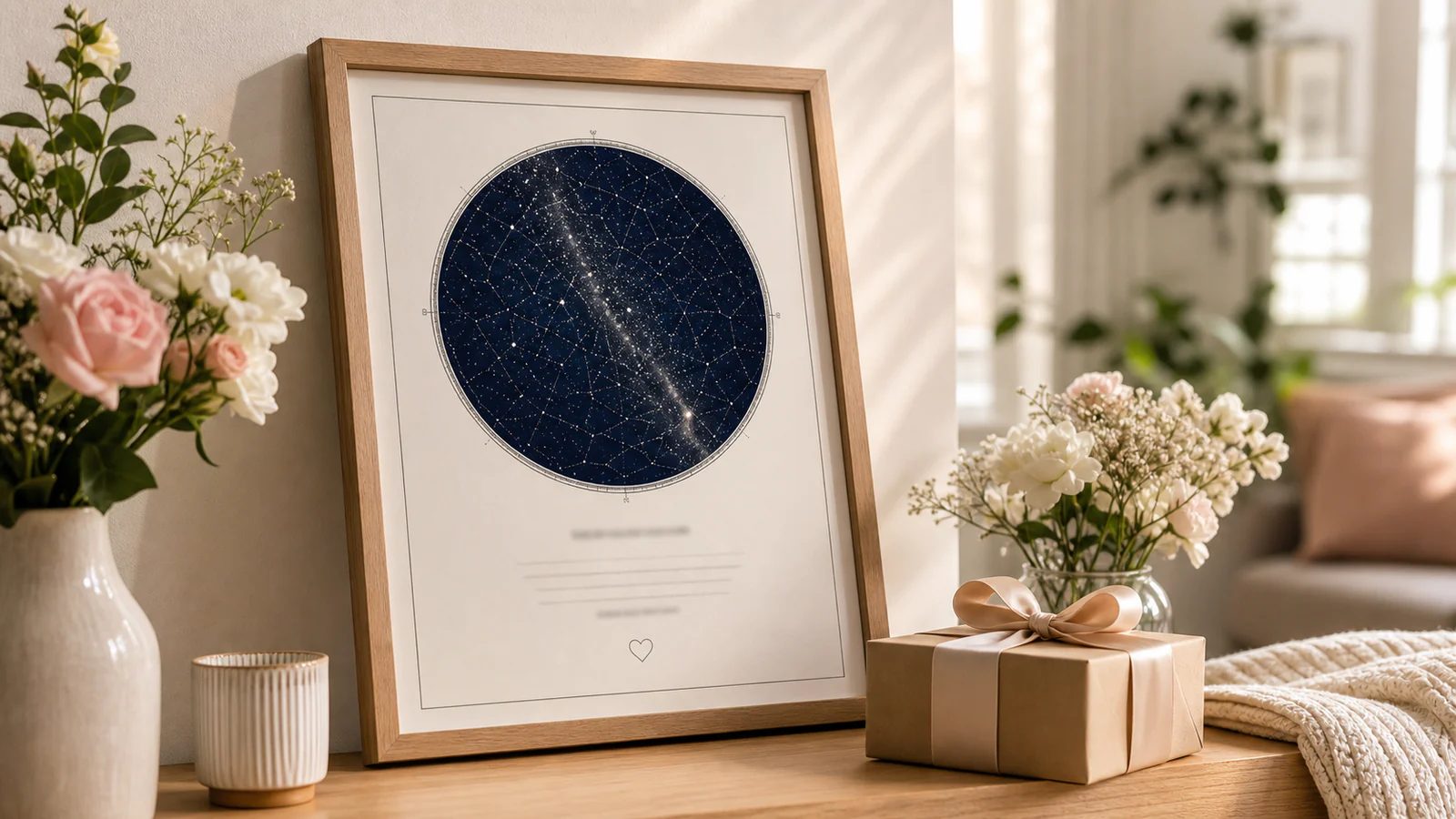 Çiçeklerle Anneler Günü hediyesi olarak yerleştirilmiş doğum gecesi Star Map'i