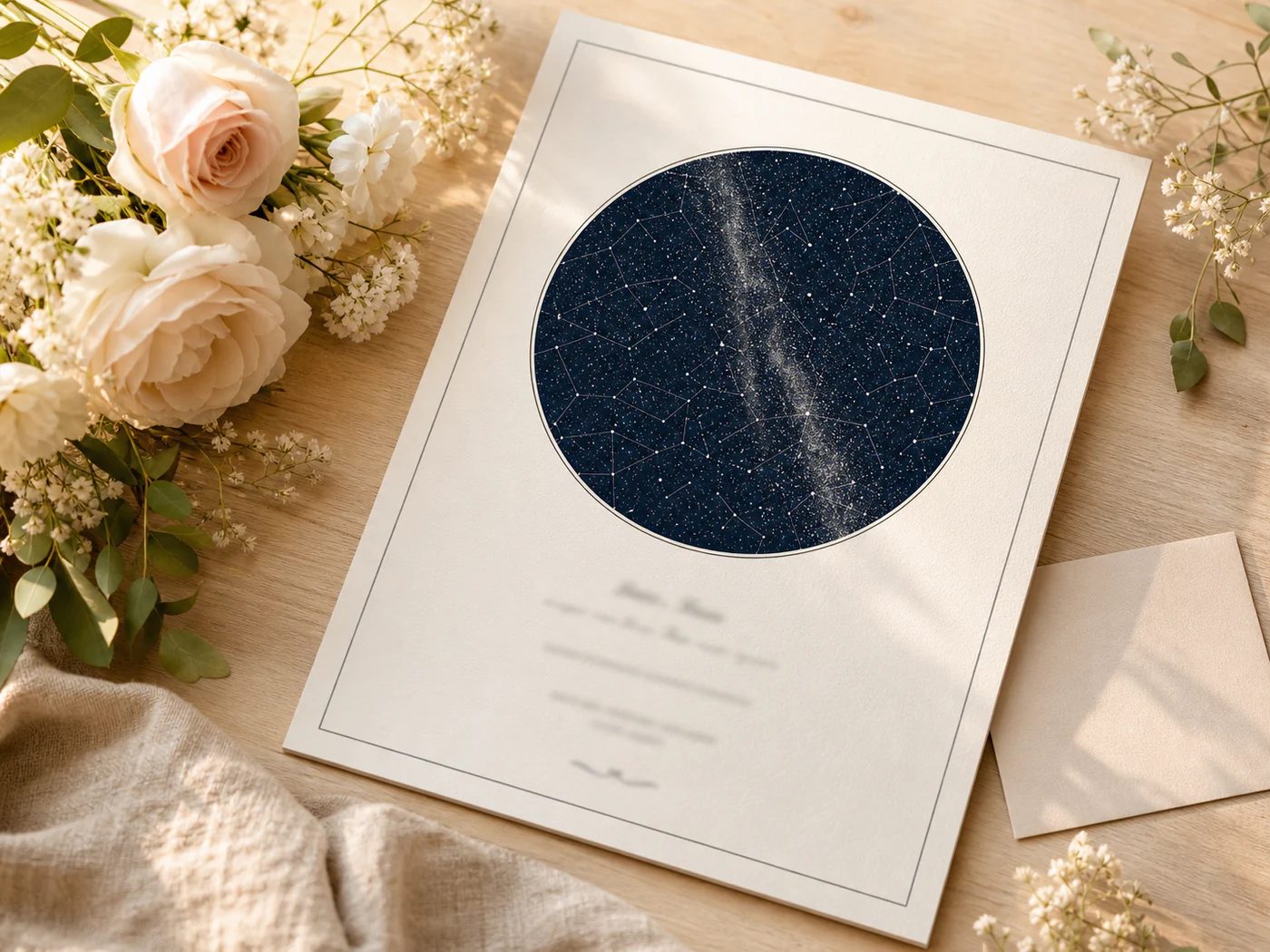 Yumuşak çiçeklerle Anneler Günü için kişisel Star Map yakın planı