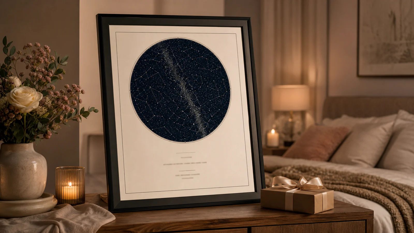 Indrammet Star Map fra natten hvor et par mødtes, stylet med stearinlys og roser