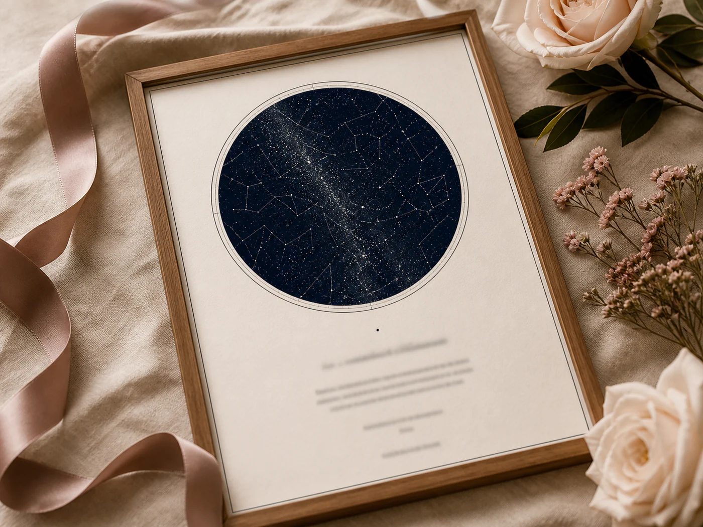 Nærbillede af en romantisk Star Map med blomster og varmt lys