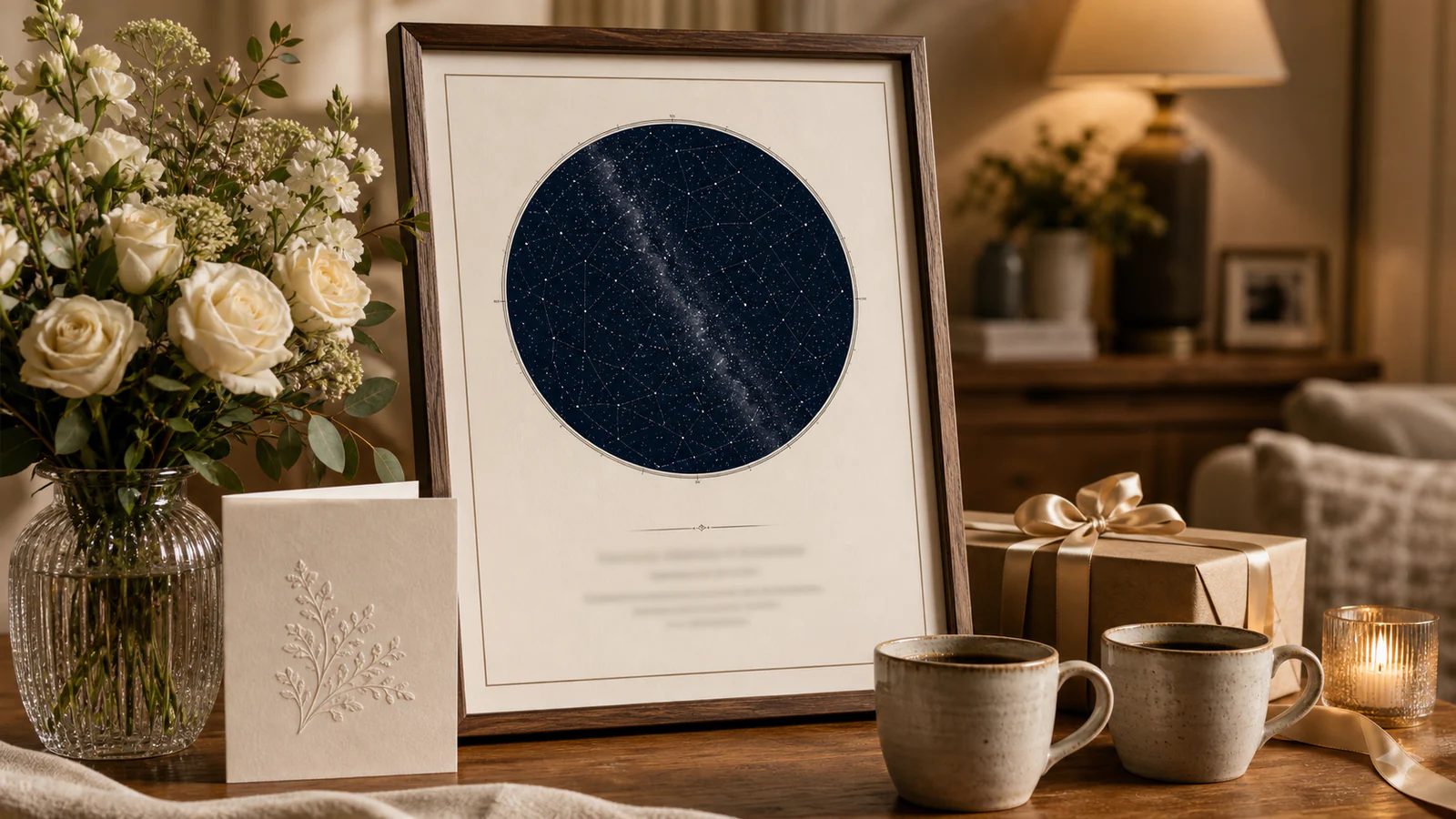 Star Map emoldurado da noite de casamento dos pais com fotos de família
