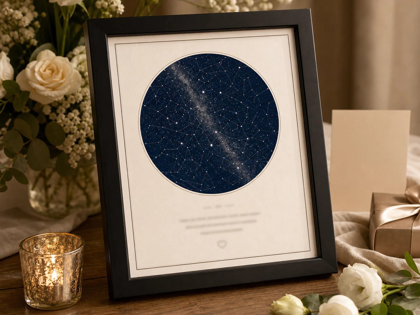 Close de uma Star Map da noite de casamento com bilhete escrito pelos filhos