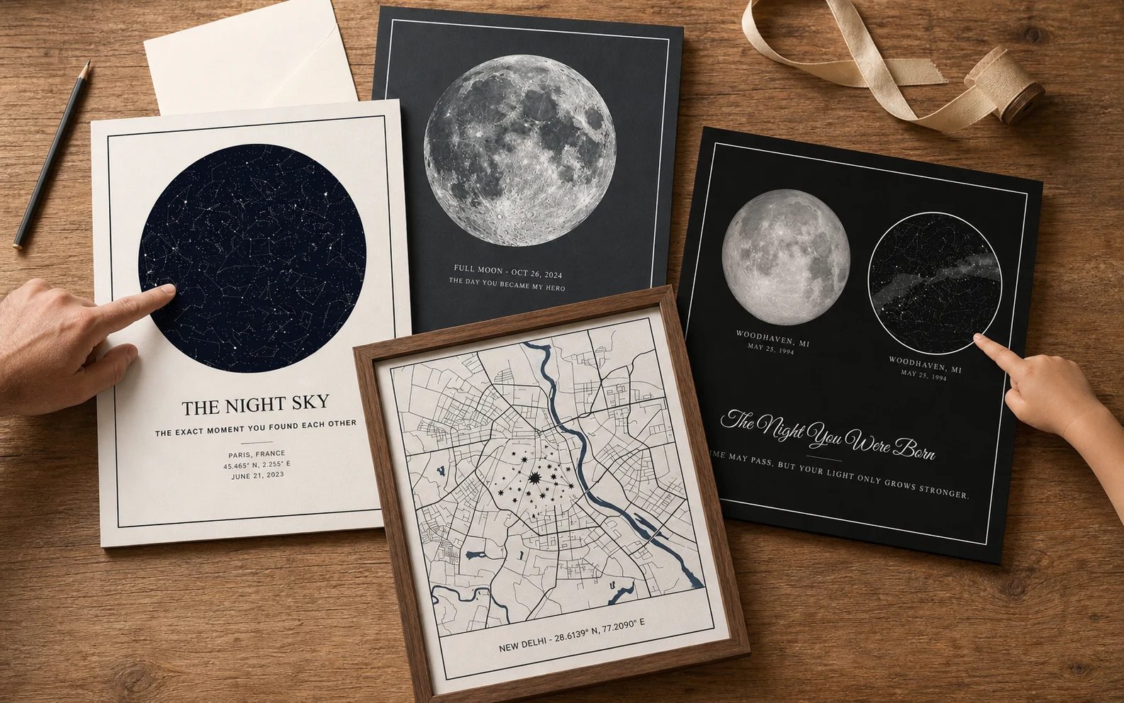 Faceless adult and child hands comparing star, moon, city, and combo map prints for Father's Day