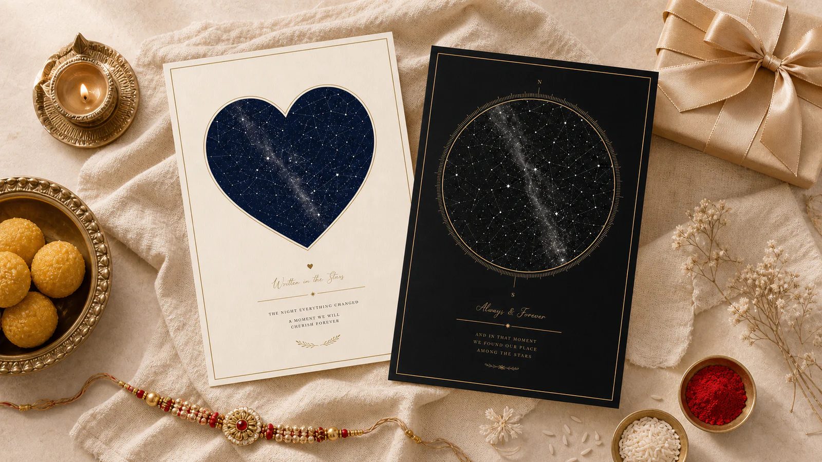 Two Stars In Hands celestial map prints styled with a rakhi, diya, sweets, kumkum, rice, and a wrapped Raksha Bandhan gift