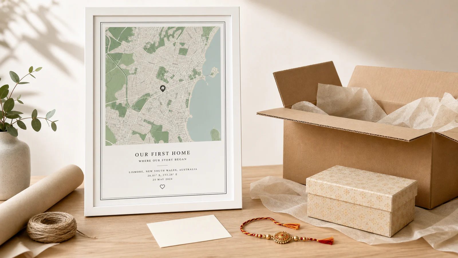 Stars In Hands City Map of home beside an open shipping box, rakhi, blank card, and gift box for long-distance Raksha Bandhan