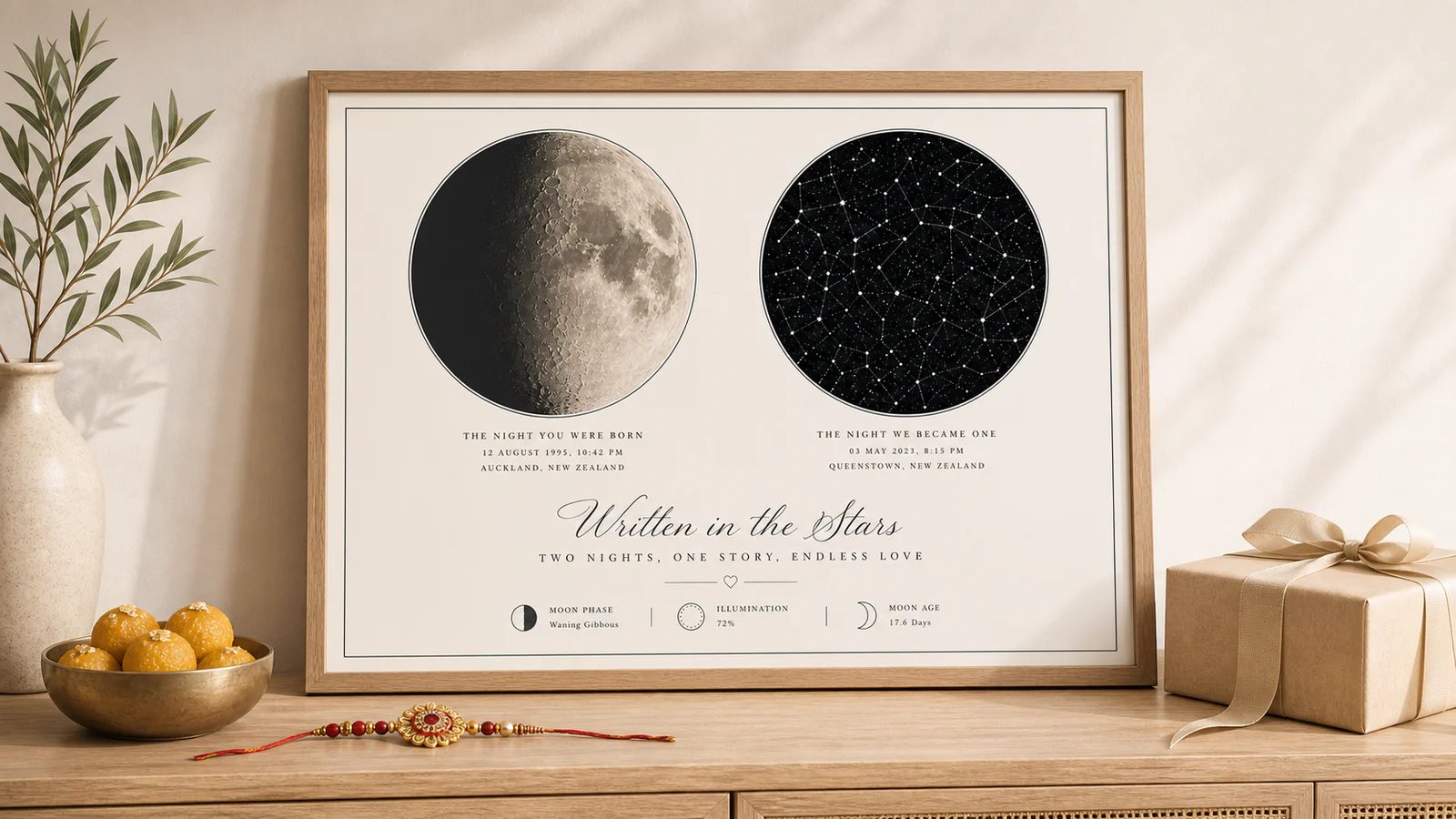 Stars In Hands oak-framed Combo Map with moon and star circles, styled with a rakhi, sweets, and a wrapped gift