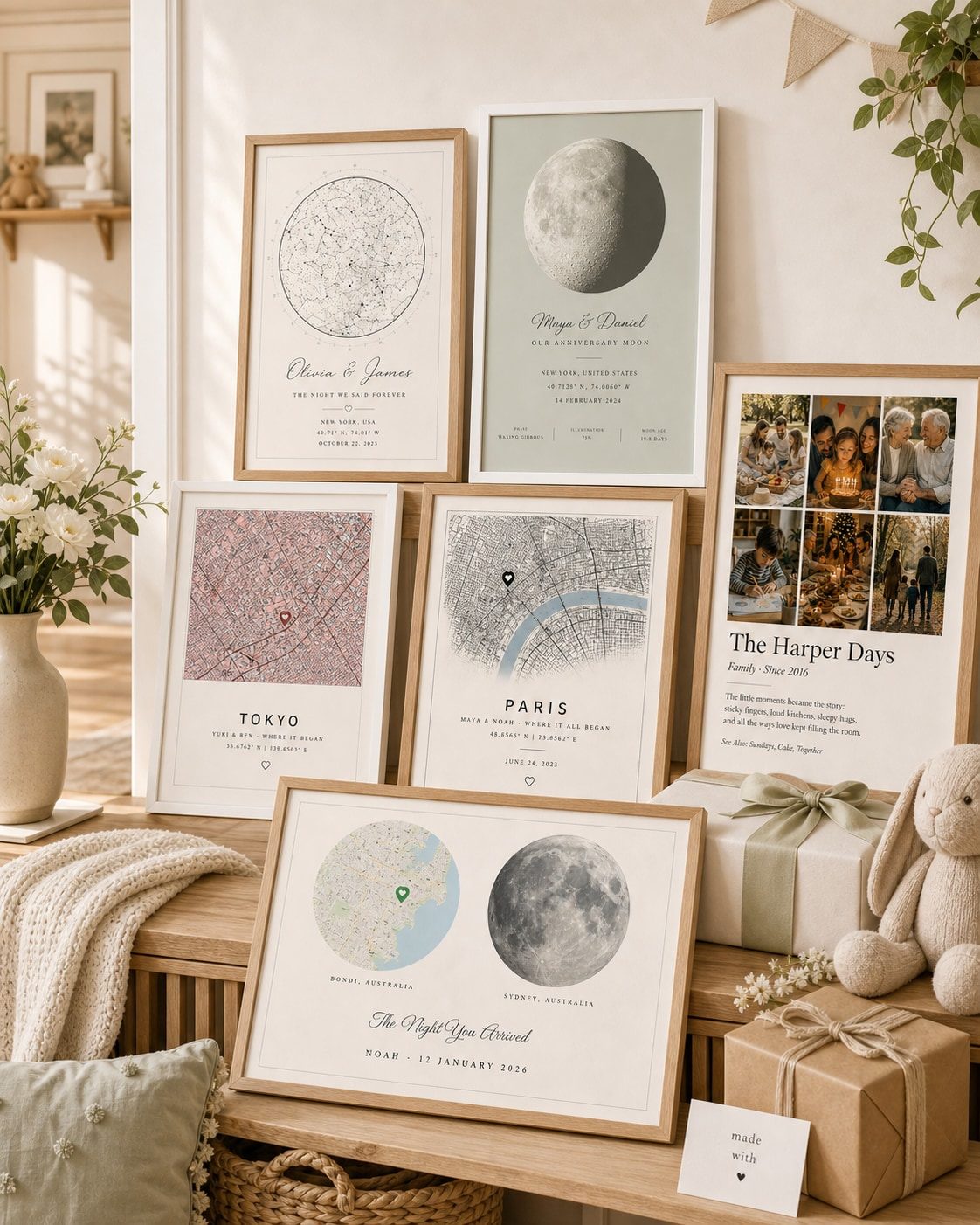 Stars In Hands gift display with framed custom maps, moon print, memory poster and wrapped gifts