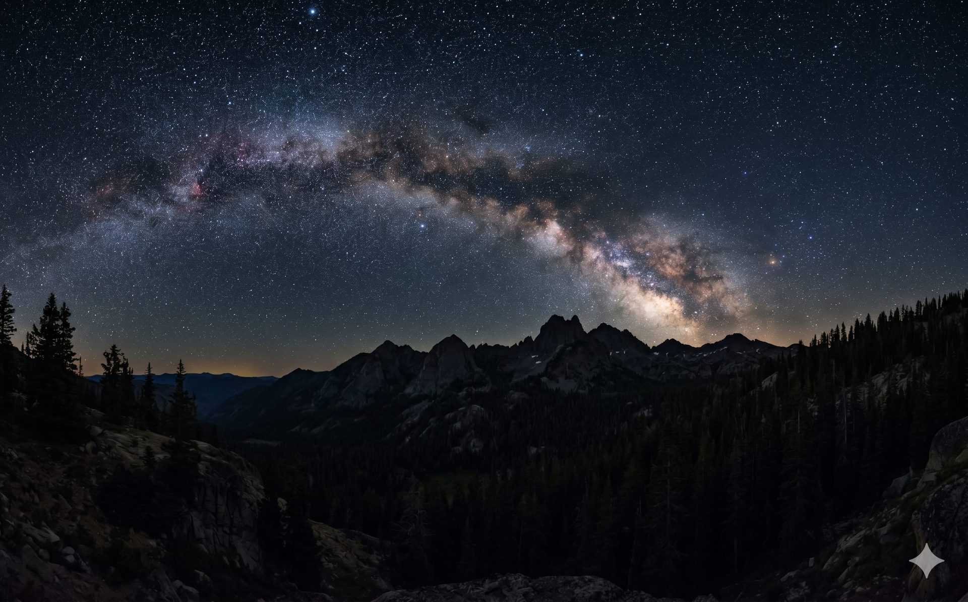 The Milky Way arching over silhouetted pine-covered mountains under a star-filled sky