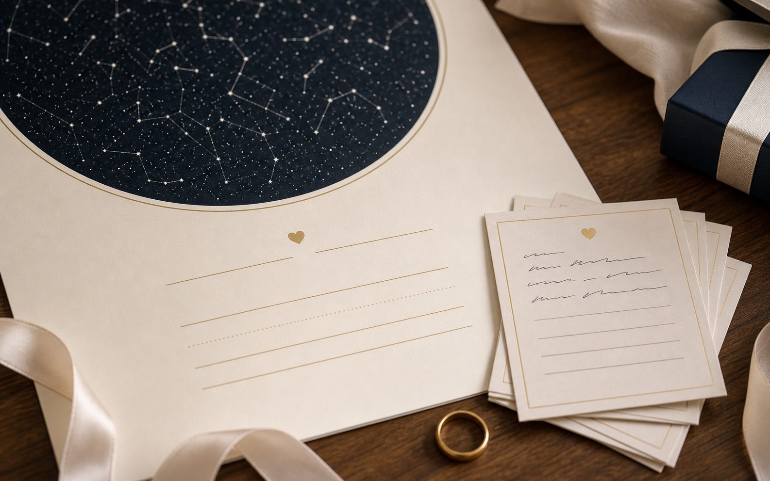 Close-up of an anniversary star map proof with rings, ribbon, and handwritten message cards