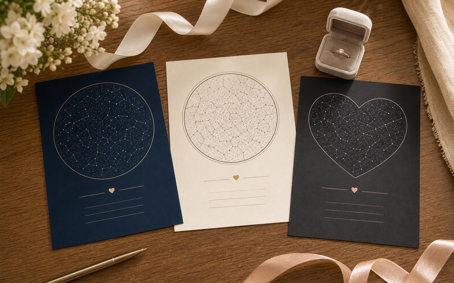 A tabletop scene with three custom star map proof options for a first date, proposal, and long-distance memory