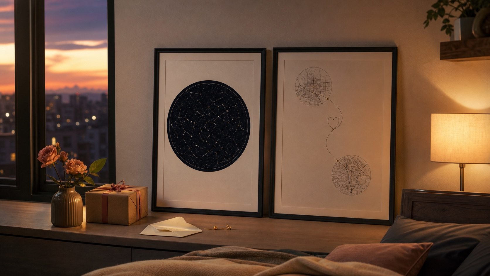 Two framed personalized prints, one star map and one two-city map, styled in a warm bedroom at dusk with a wrapped gift and envelope