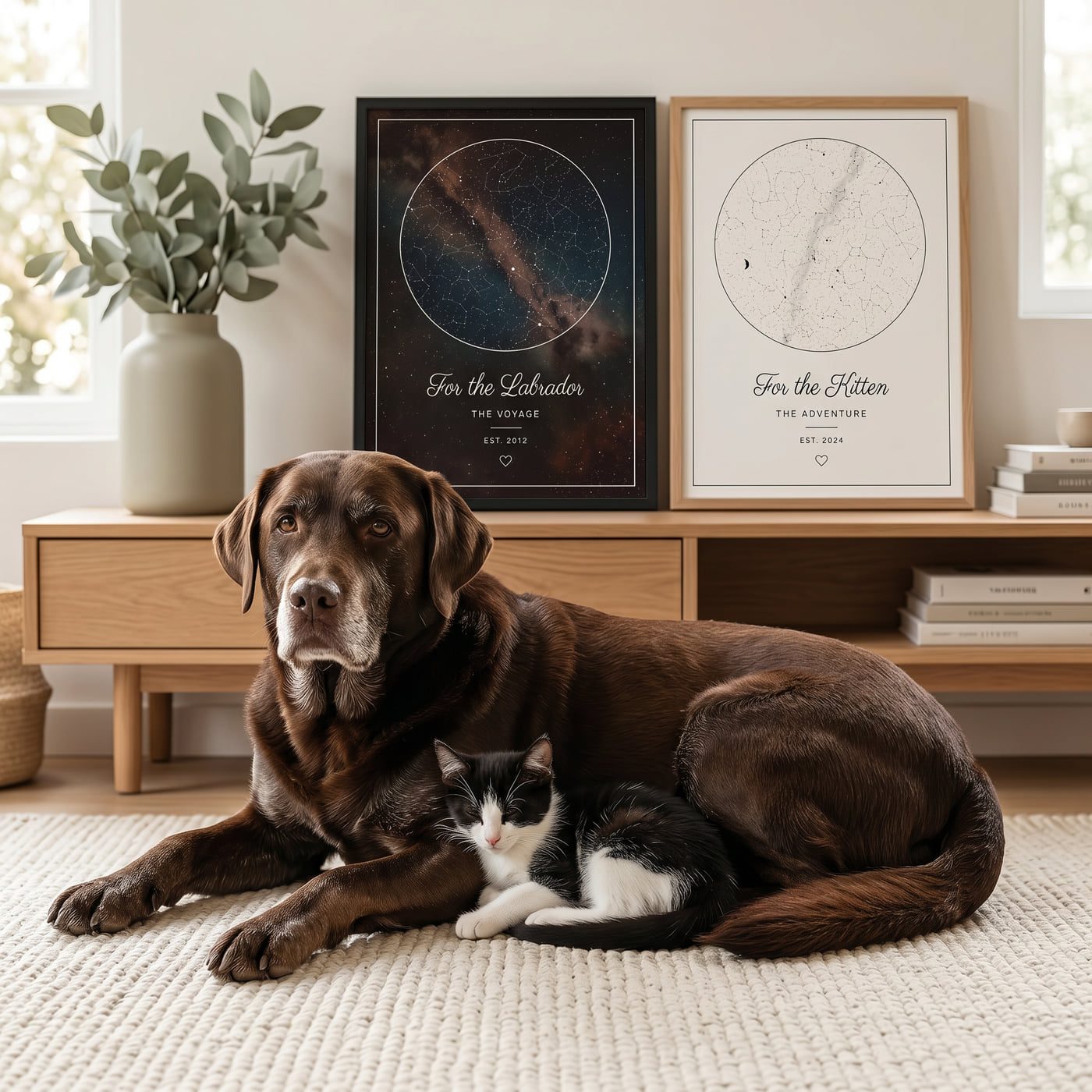 A chocolate labrador and a black-and-white kitten resting together on a cream rug, with two framed pet star maps behind them labelled 'For the Labrador' and 'For the Kitten'
