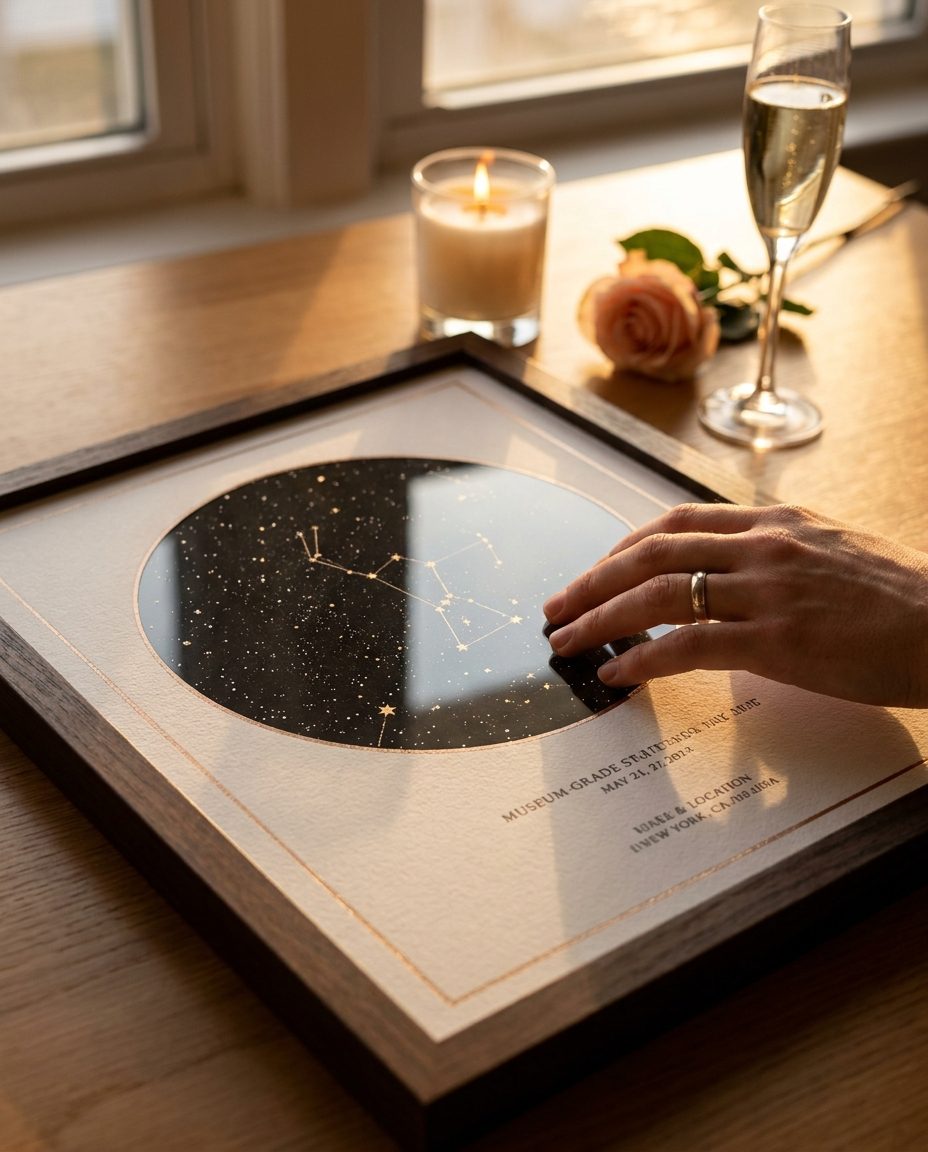 A framed personalized anniversary print hanging on a soft-lit wall above a wooden console table with a vase of dried flowers