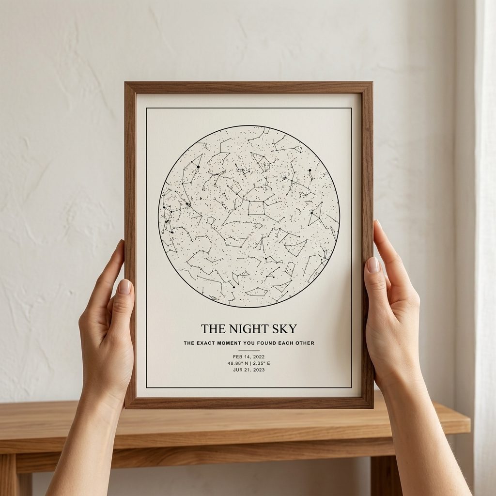 A custom star map print in a warm cream and gold palette, displayed in an oak frame on a minimalist white wall