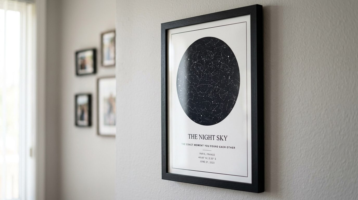 A framed memory poster on a soft-toned wall showing a 2x2 grid of four warm-lit family photos above a script title and a short message