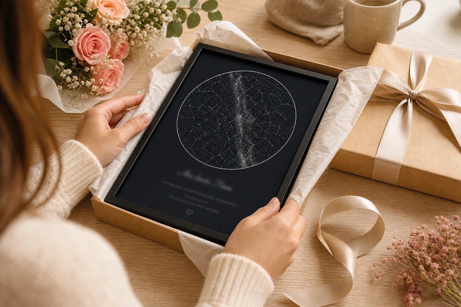 双手打开纪念日礼盒,里面是一幅装框定制星空图