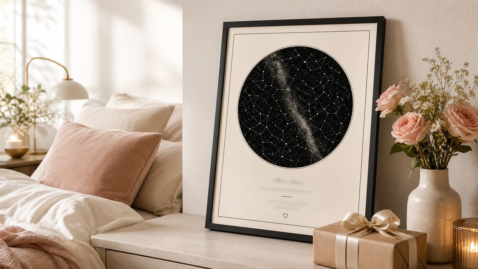 温暖卧室中作为纪念日礼物摆放的个性化星空图