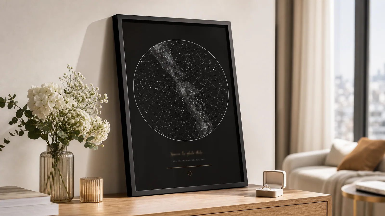 Framed custom engagement star map styled on a warm console table with flowers and an engagement ring box