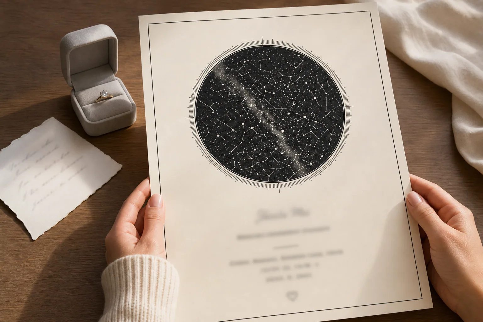 Hands holding an ivory custom engagement star map print beside a ring box and note