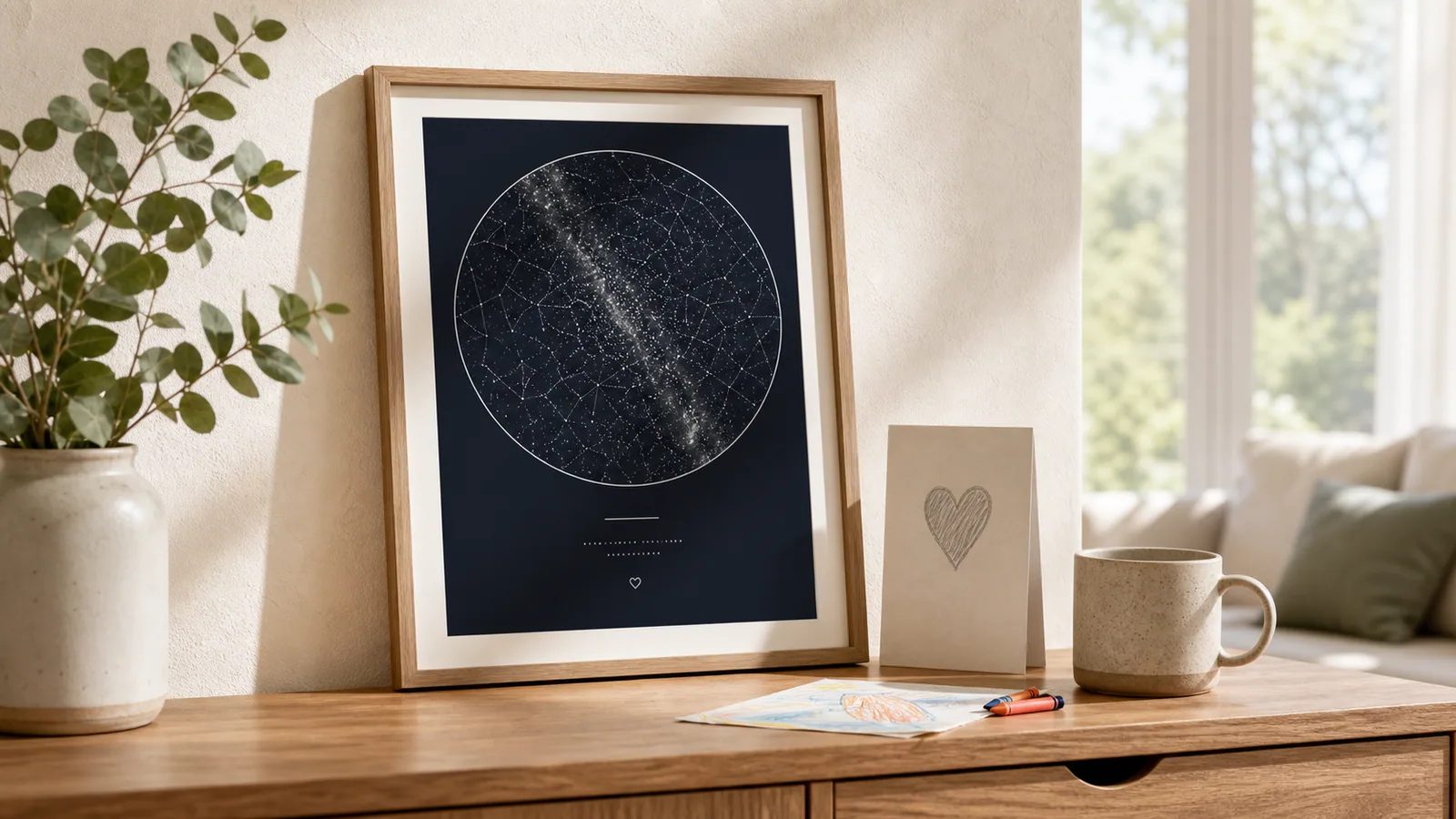 Framed custom Father's Day star map in a bright Australian home with family drawing and coffee