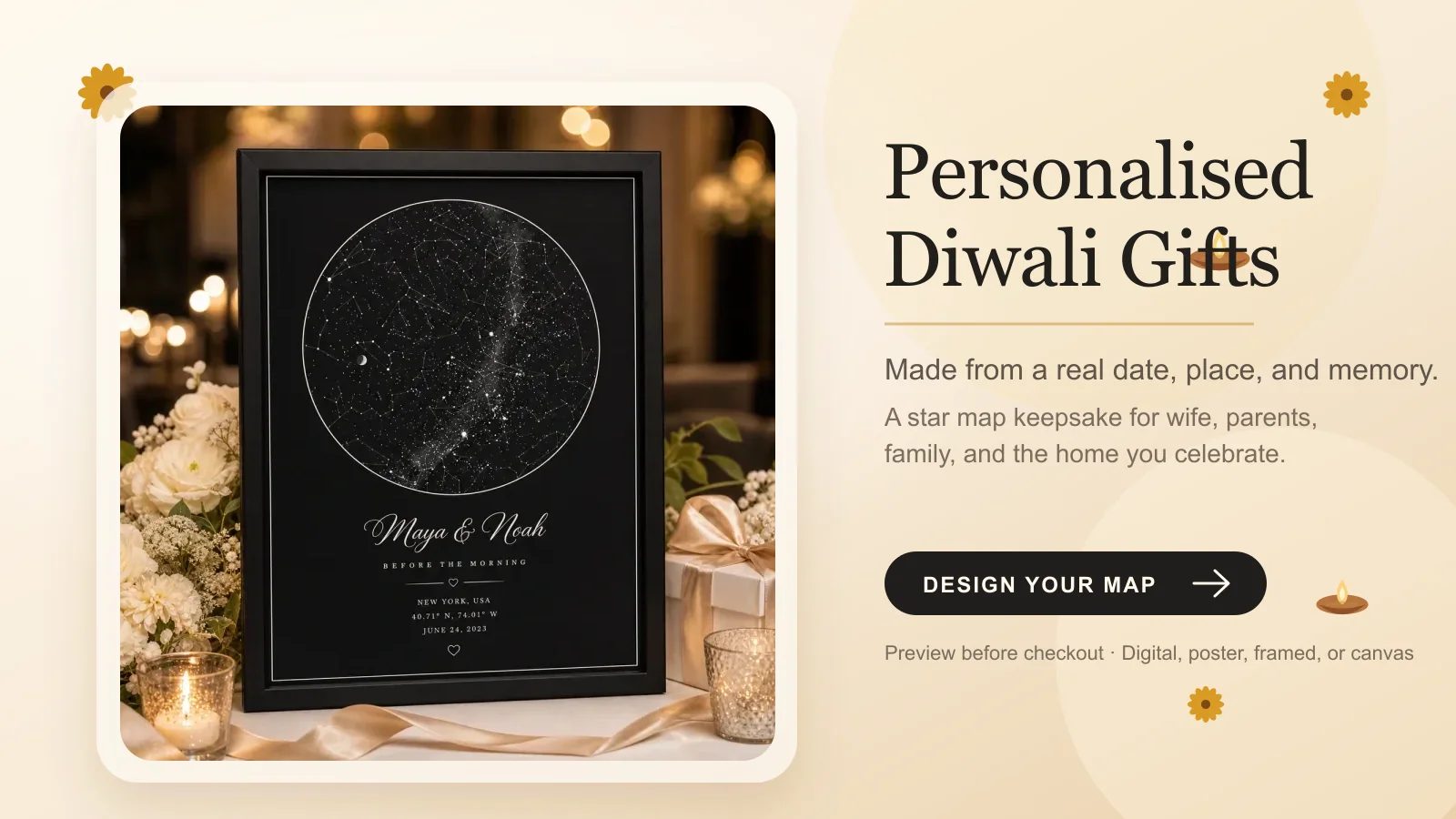 A framed custom star map styled as a premium personalised Diwali gift with warm festive decor