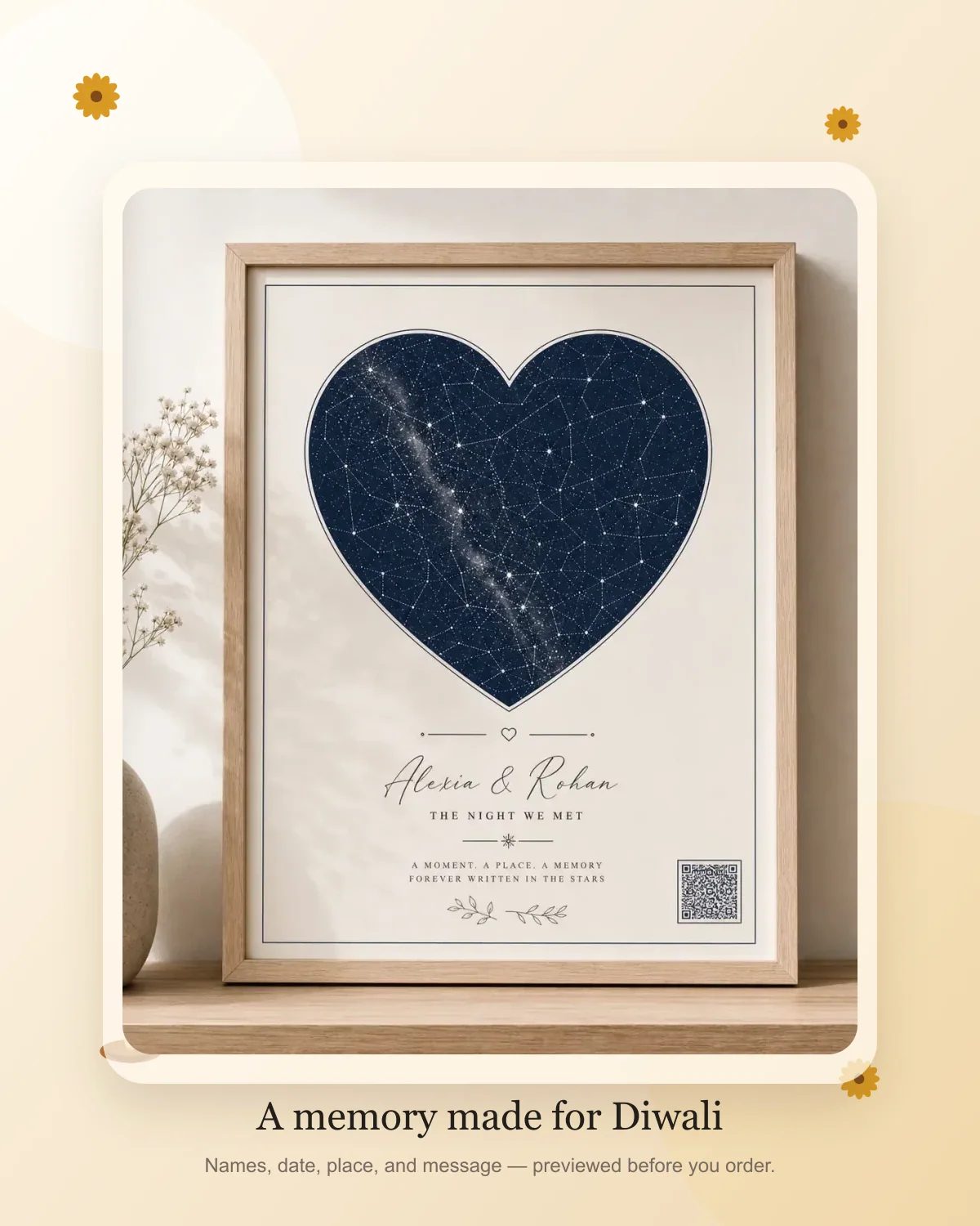 A framed custom star map with names and date styled as a personalised Diwali keepsake