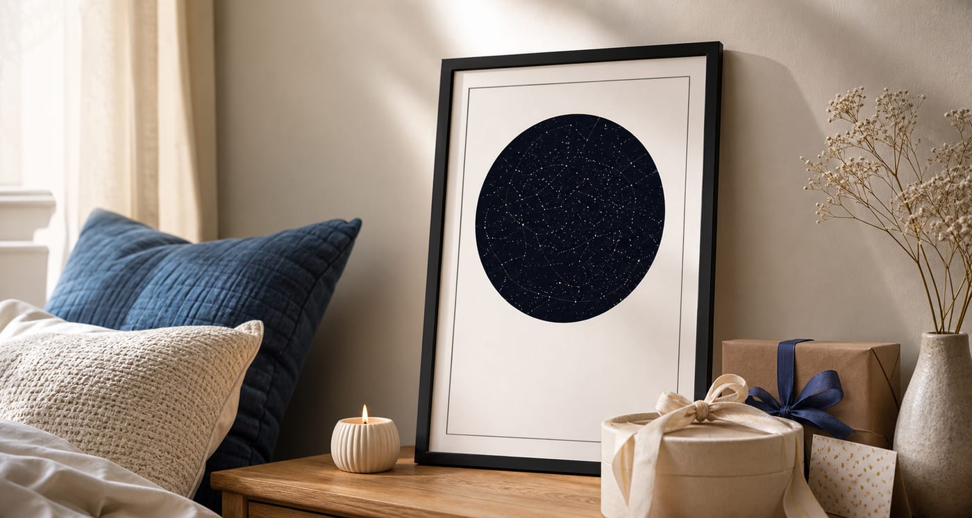 明亮客厅中装框展示的一幅优雅生日星空图