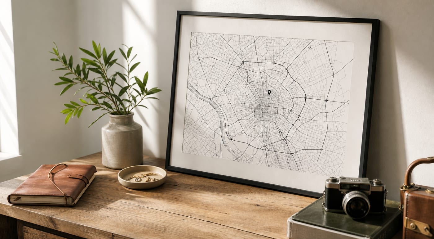 A framed custom city map print styled on a modern console table with travel objects