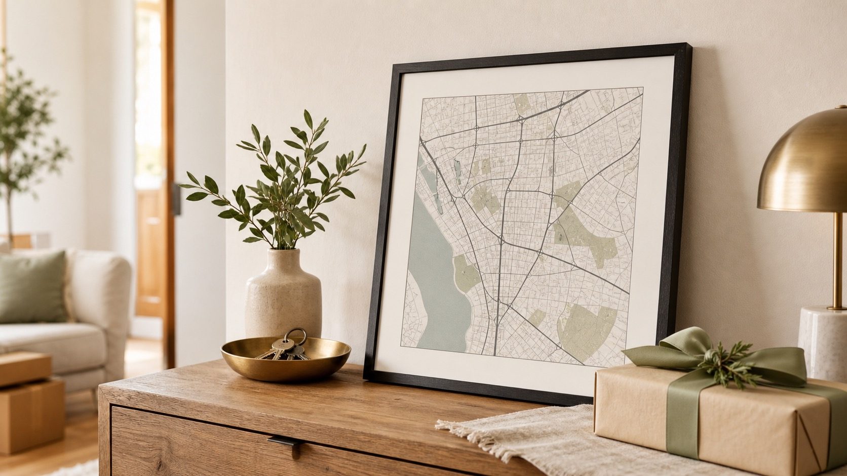 A framed personalized city map styled on an oak console table with house keys, a wrapped gift, and warm new-home decor