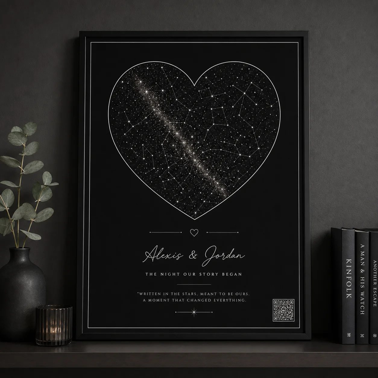 A black custom star map print with a heart detail and sample QR code, styled as a meaningful anniversary gift for him