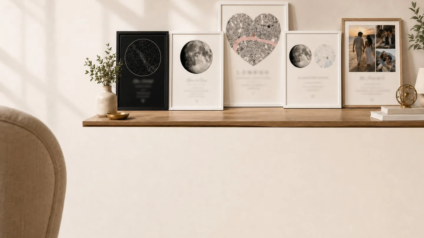 Una collezione coordinata di mappe stellari, lunari, della città, combinate e poster dei ricordi personalizzati